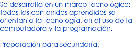 Se desarrolla en un marco tecnológico; todos los contenidos aprendidos se orientan a la tecnología, en el uso de la computadora y la programación. Preparación para secundaría. 